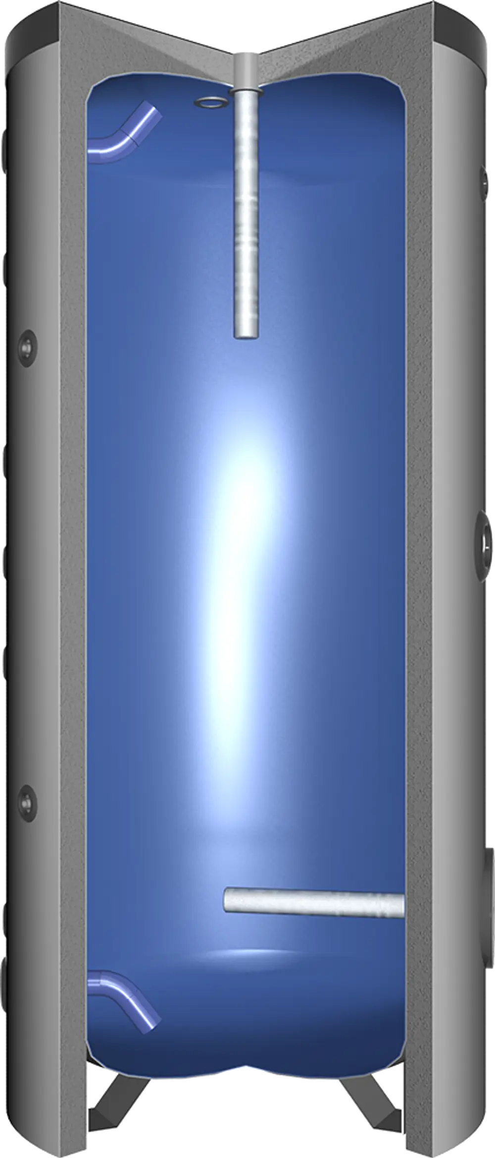 Vertikaler Pufferspeicher von Juratherm mit einem blauen Inneren und grauem Gehäuse, ausgestattet mit mehreren Anschlüssen und Rohren zur Wärmeübertragung.